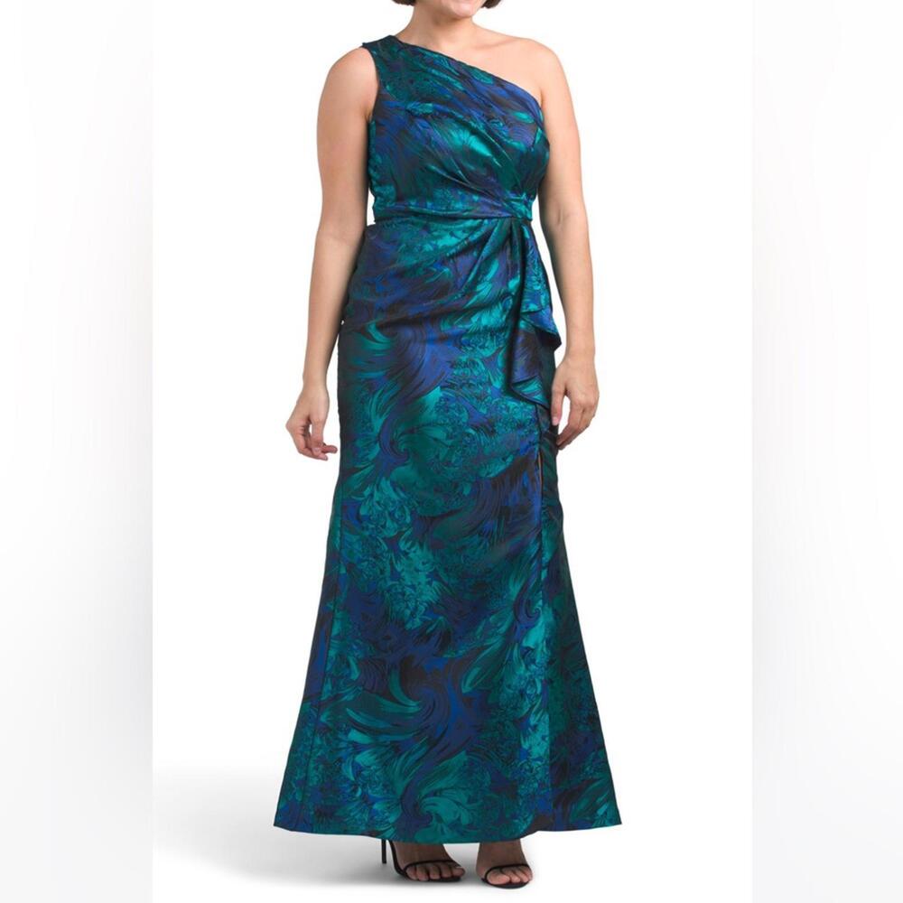 Adrianna Papell One Shoulder Jacquard Mermaid Gown Drape Detail Cobalt Green *8 - Picture 2 of 13